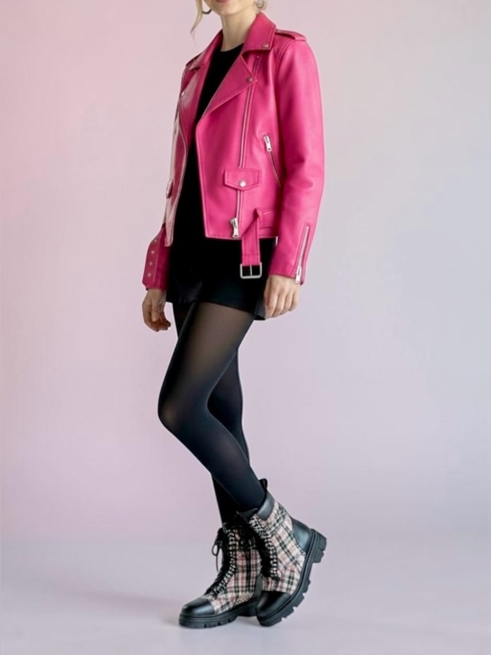 Wishbone Collection Tweed Lace-Up Combat Boots in Black and Pink